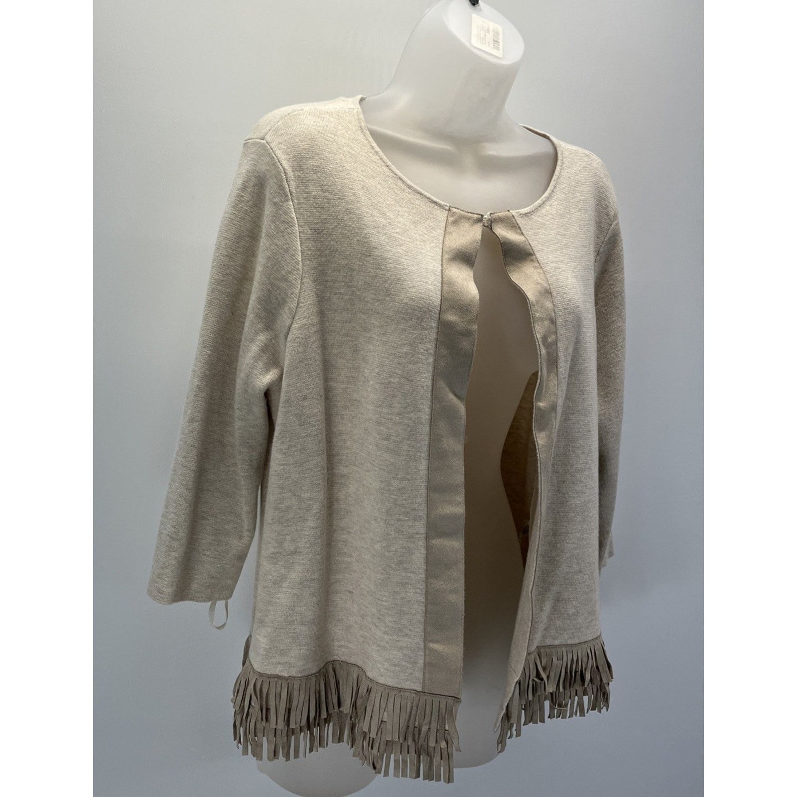 Chicos Chicos 3 Beige Open 3/4 Sleeve Open Knit Cardigan Fringe Size S / US 4 / IT 40 - 2 Thumbnail