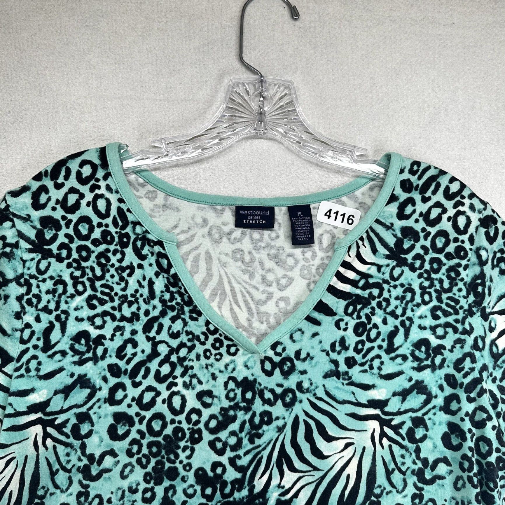 Vintage Westbound Petites Blue Cheetah Animal Print Blouse Top Women's Large PL Short Sleeve V-Neck Size L / US 10 / IT 46 - 2 Thumbnail