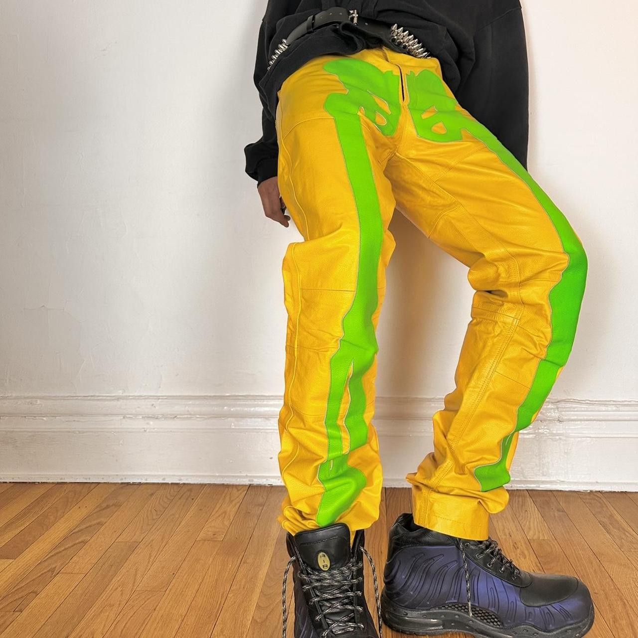 Vintage Seeking Green/Yellow Skeleton Leather Biker Pants - 36x36" Size US 36 / EU 52 - 2 Thumbnail