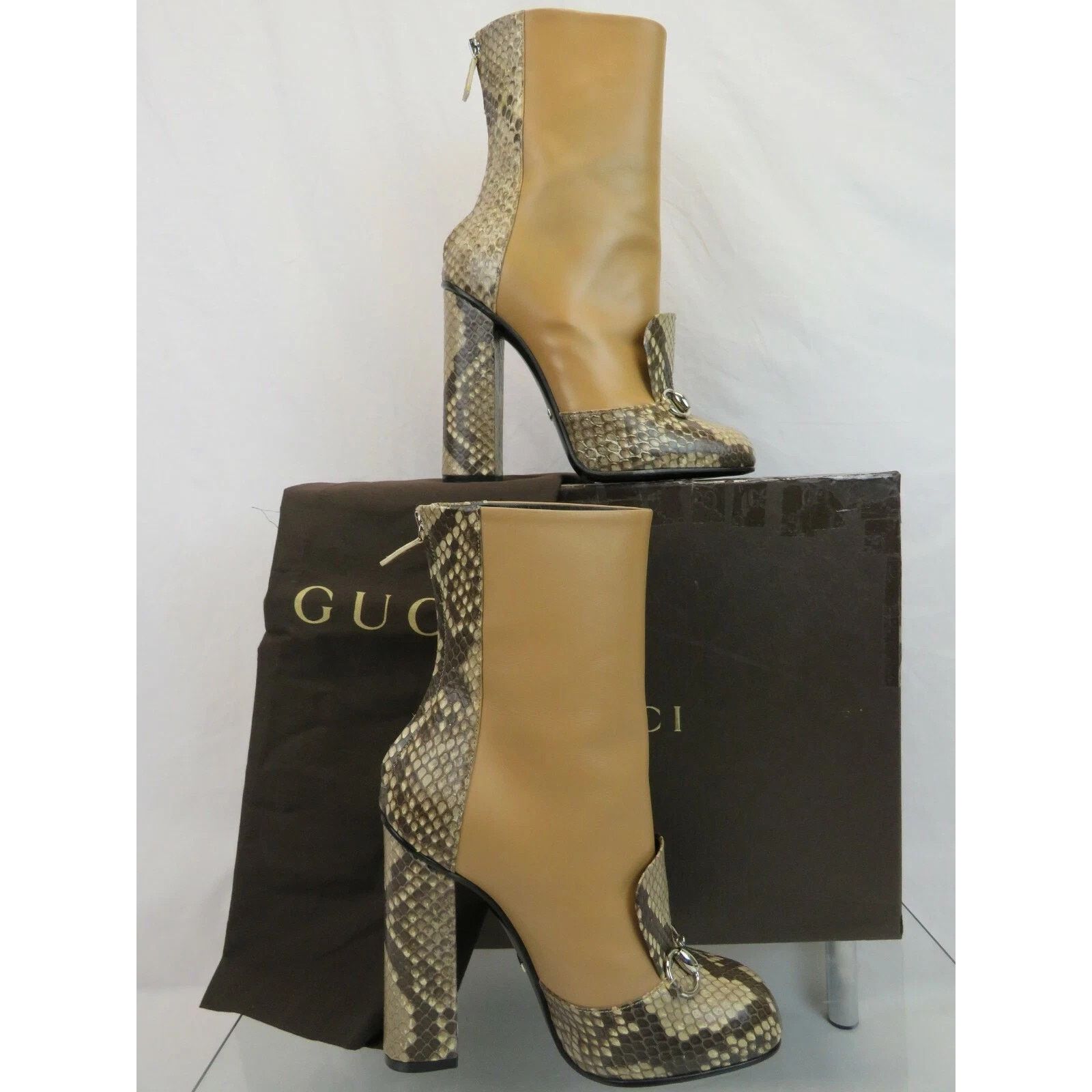 Gucci GUCCI LILLIAN BEIGE PYTHON BROWN HORSEBIT BOOTS 37.5 ITALY Size US 7.5 / IT 37.5 - 5 Thumbnail