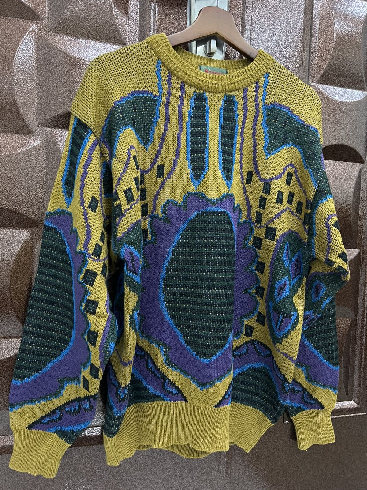 Vintage Intarsia 90s Coogi Style Knit Sweater Bold Geometric