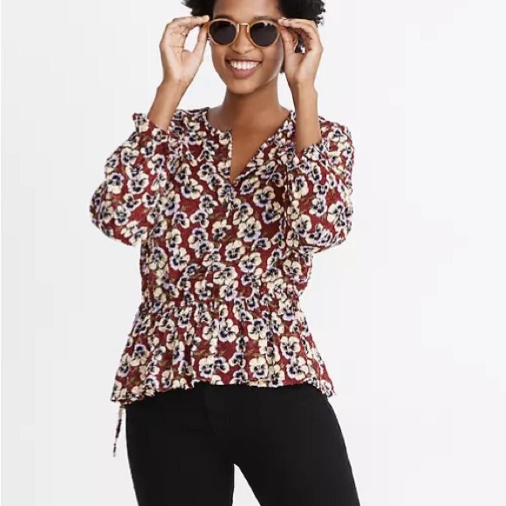 Madewell Madewell l Drawstring Ruffle-Hem Top in Viola Floral Size XS Size XS / US 0-2 / IT 36-38 - 1 Thumbnail