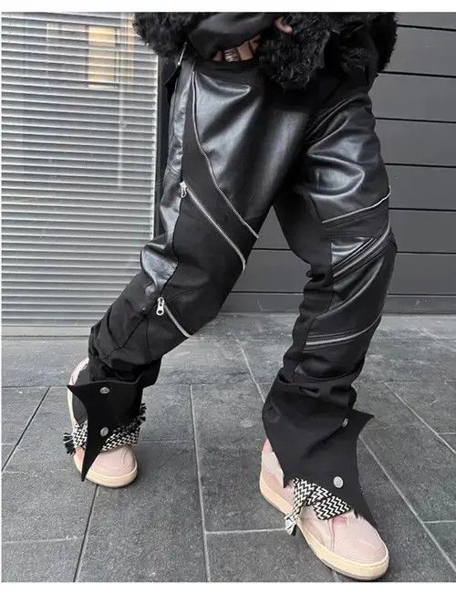 Other Patchwork Faux Multiple Zippers Jeans Trousers Leather Pants Size US 30 / EU 46 - 2 Thumbnail