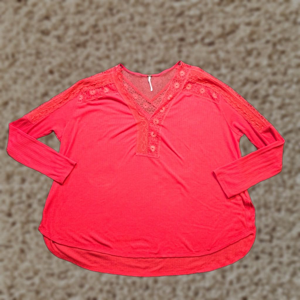 Free People Free People Top Womens Size Large Red Ribbed Lace Trim Oversized Casual Boho Size L / US 10 / IT 46 - 1 Thumbnail
