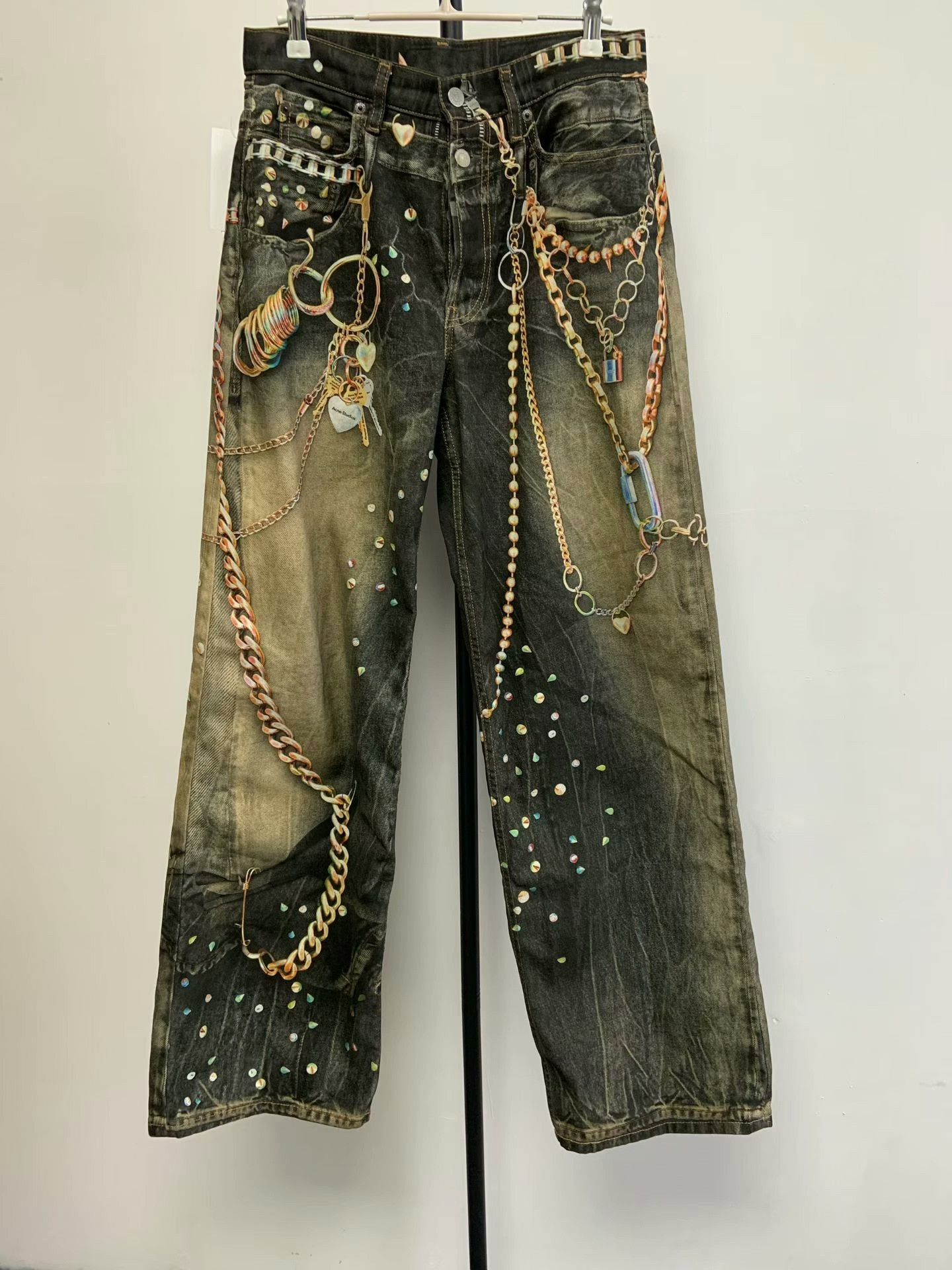 Acne Studios Acne Black Gold Chain Print Loose Jeans Size 22" - 1 Thumbnail