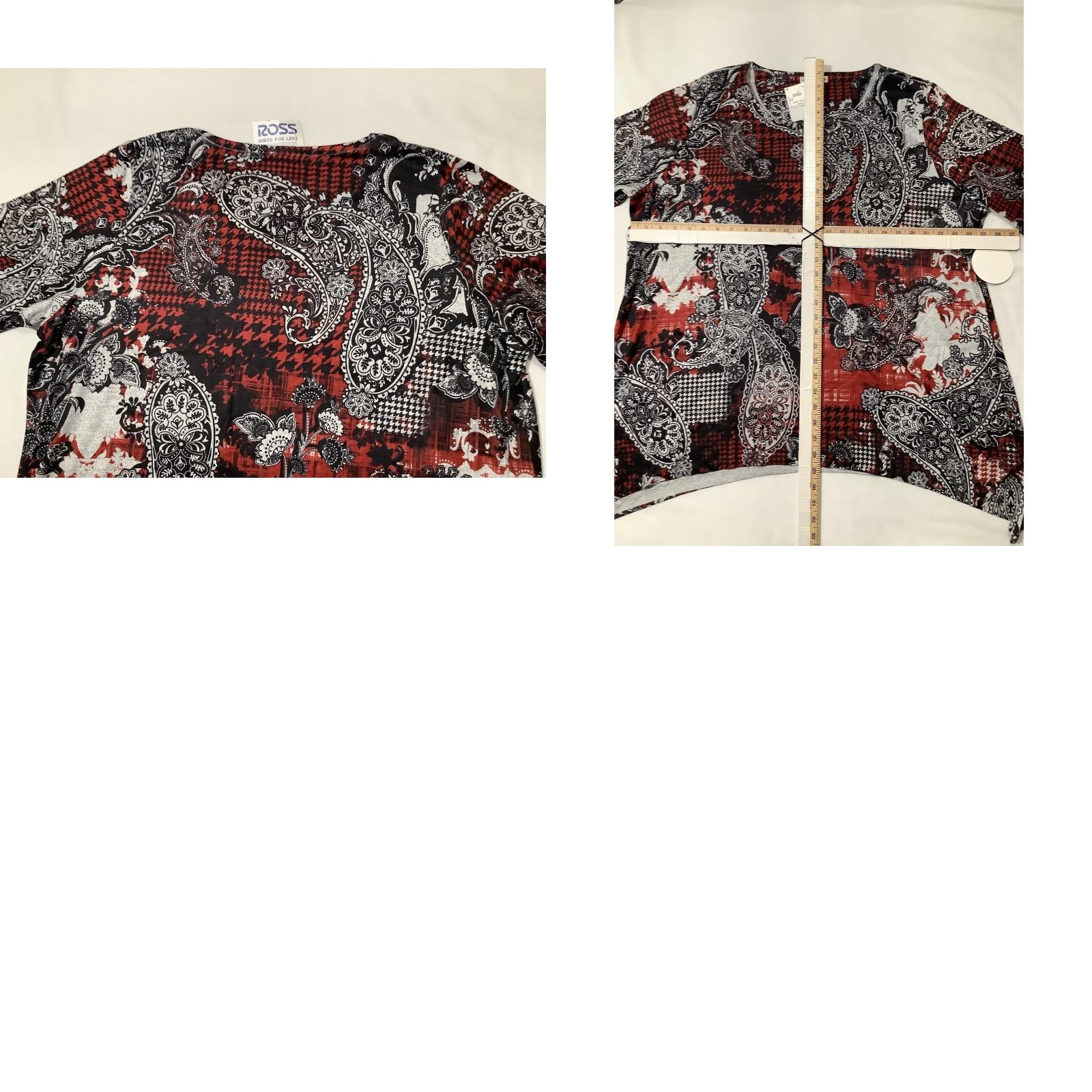 Vintage Soleillee Knit Top Womens 2X Red Paisley Houndstooth Asymmetrical Hem Stretch Shirt Size XXL / US 16-18 / IT 52-54 - 8 Thumbnail