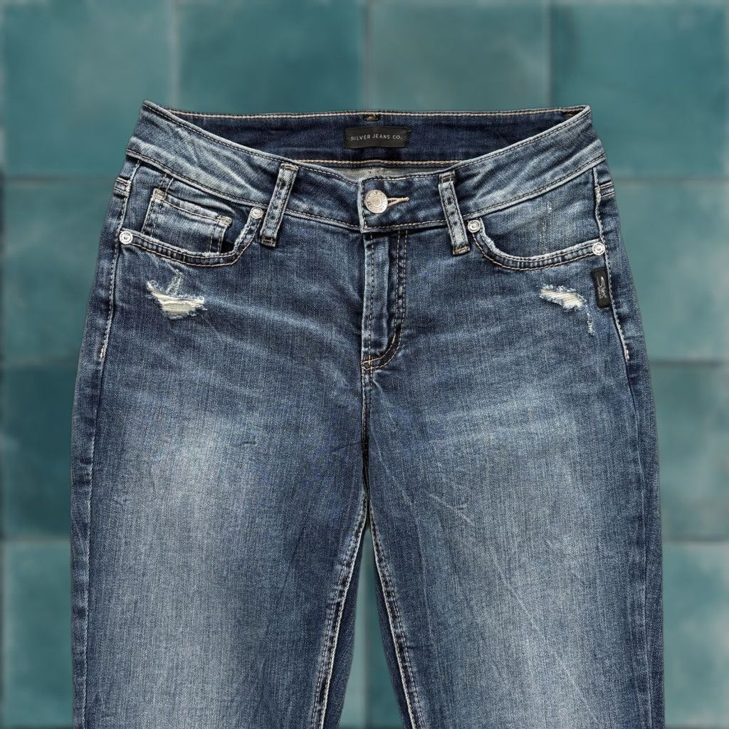 Silver Jeans Co. VINTAGE Silver Jeans Elyse Slim Boot Womens 27x29 Blue Mid Rise Distressed Denim Grunge Size 27" / US 4 / IT 40 - 1 Thumbnail