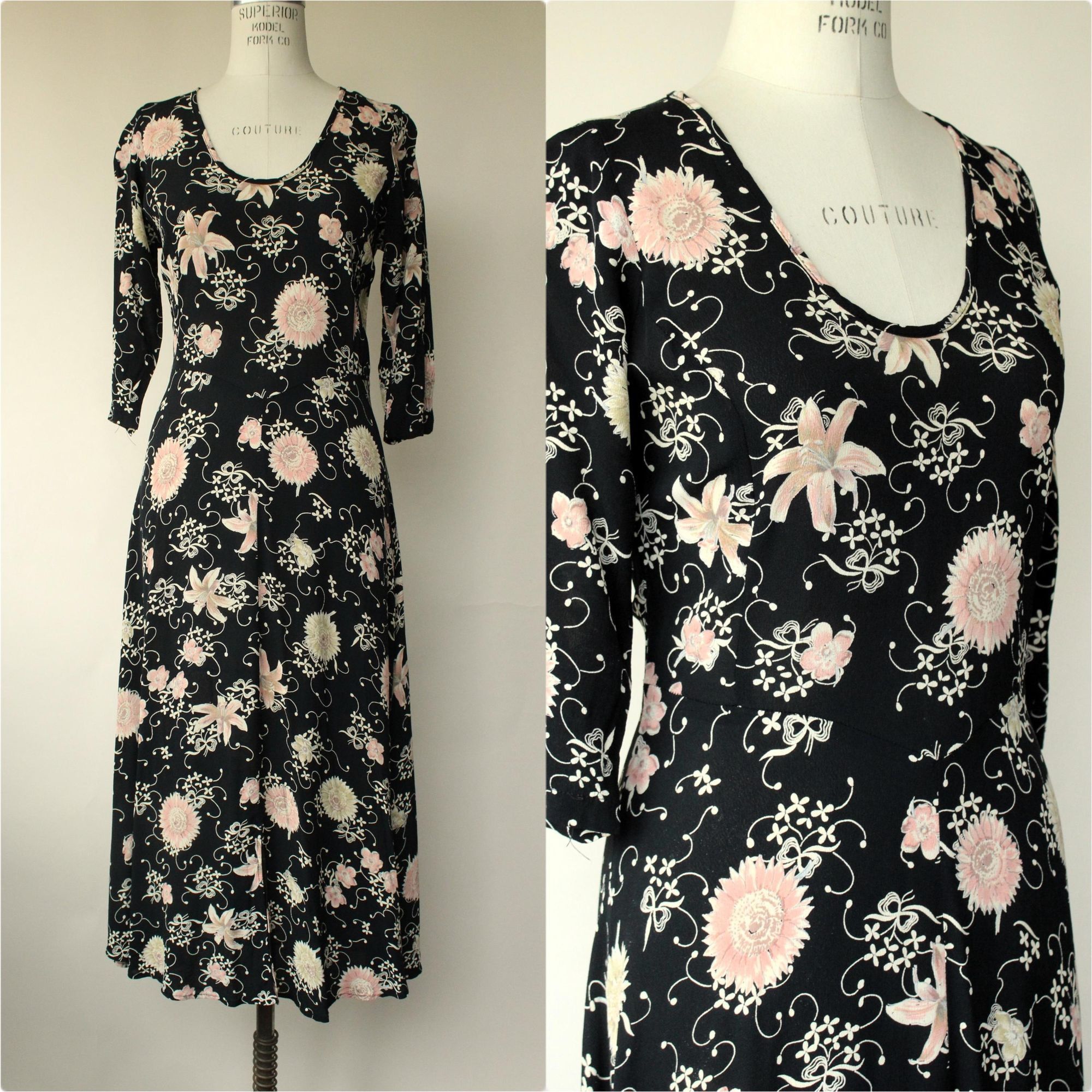 Vintage Vintage 1980's 1990s Dress, Zoe Black Floral Print Rayon Fro Size S / US 4 / IT 40 - 1 Thumbnail