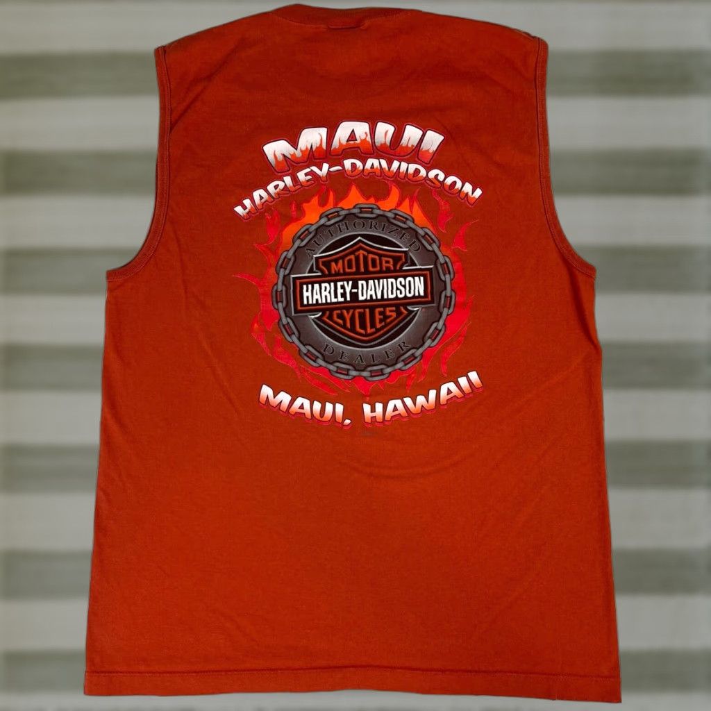 Harley Davidson VINTAGE Harley-Davidson Maui, Hawaii Sleeveless Tee Mens T-Shirt L Burnt Orange 2006 Made in USA Shirt Size US L / EU 52-54 / 3 - 1 Thumbnail