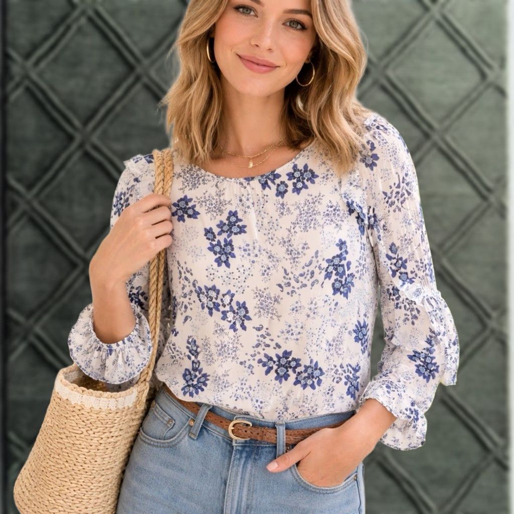 Loft LOFT Blouse Shirt White Blue Floral Paisley Ruffle Pleated Long Sleeve S Womens Regular Neckline Round Size S / US 4 / IT 40 - 1 Thumbnail