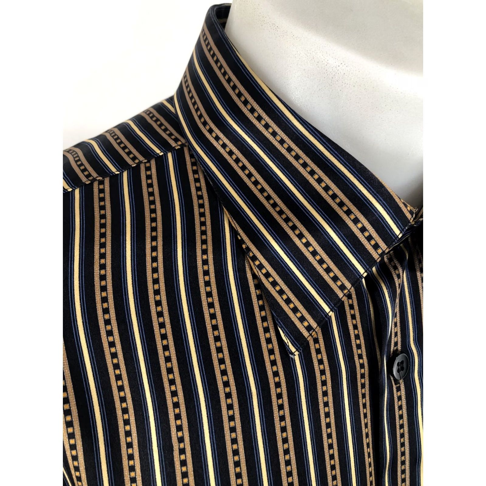 Vintage Bernini / Beverly Hills / Italy - Silk Stripe Shirt - 2XL - Blue / Gold / Black - Button-Up, Long Sleeve, Men Size US XXL / EU 58 / 5 - 2 Thumbnail