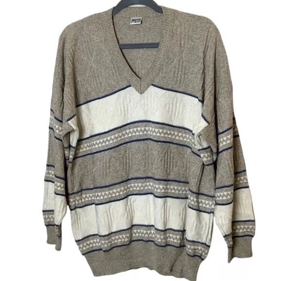 Vintage VINTAGE V-Neck Sweater Mens XL Beige Cotton Textured Argyle 80s 90s Hipster Retro Pullover Shirts Mens Size US XL / EU 56 / 4 - 2 Thumbnail