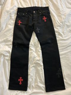 Chrome Hearts Red and Black Patched Chrome Hearts Jeans