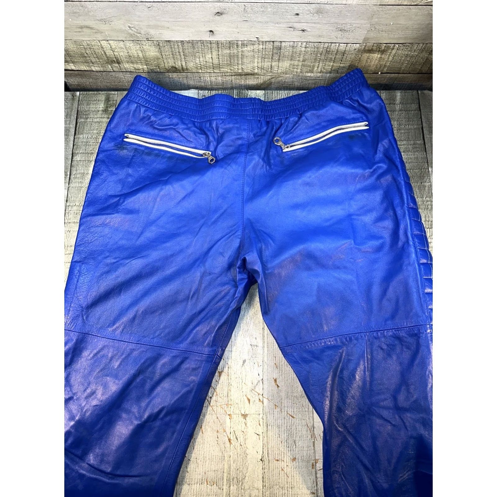 Vintage Blue Leather Moto Biker Pants 42x34 Medusa RiRi Zippers Quilted Men XS? Size US 42 / EU 58 - 3 Thumbnail