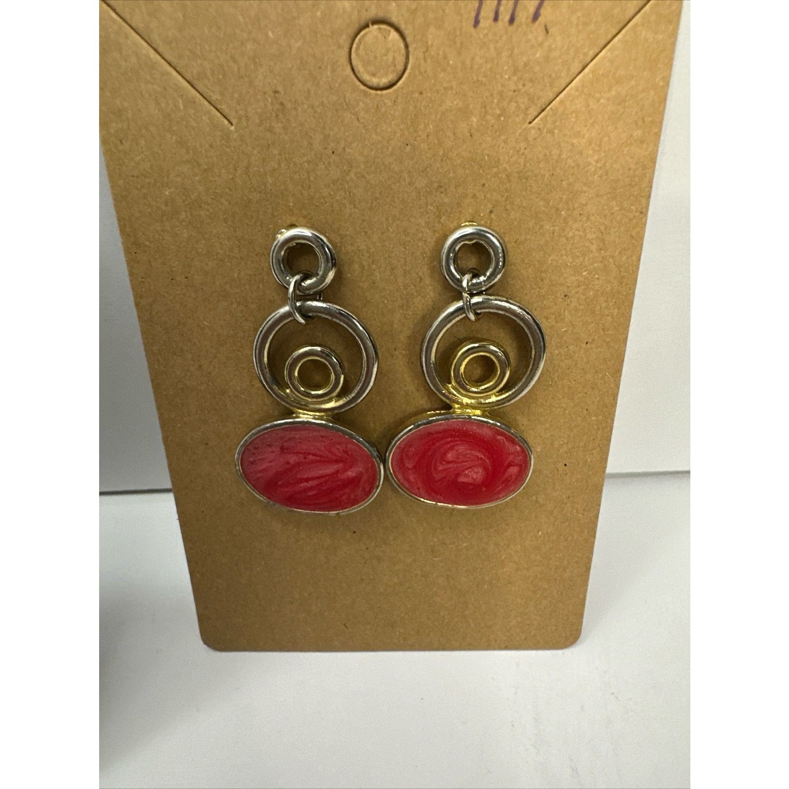 Vintage GoldTone Dangling Earrings Enamel Red Enamel Oval Post Size ONE SIZE - 8 Thumbnail