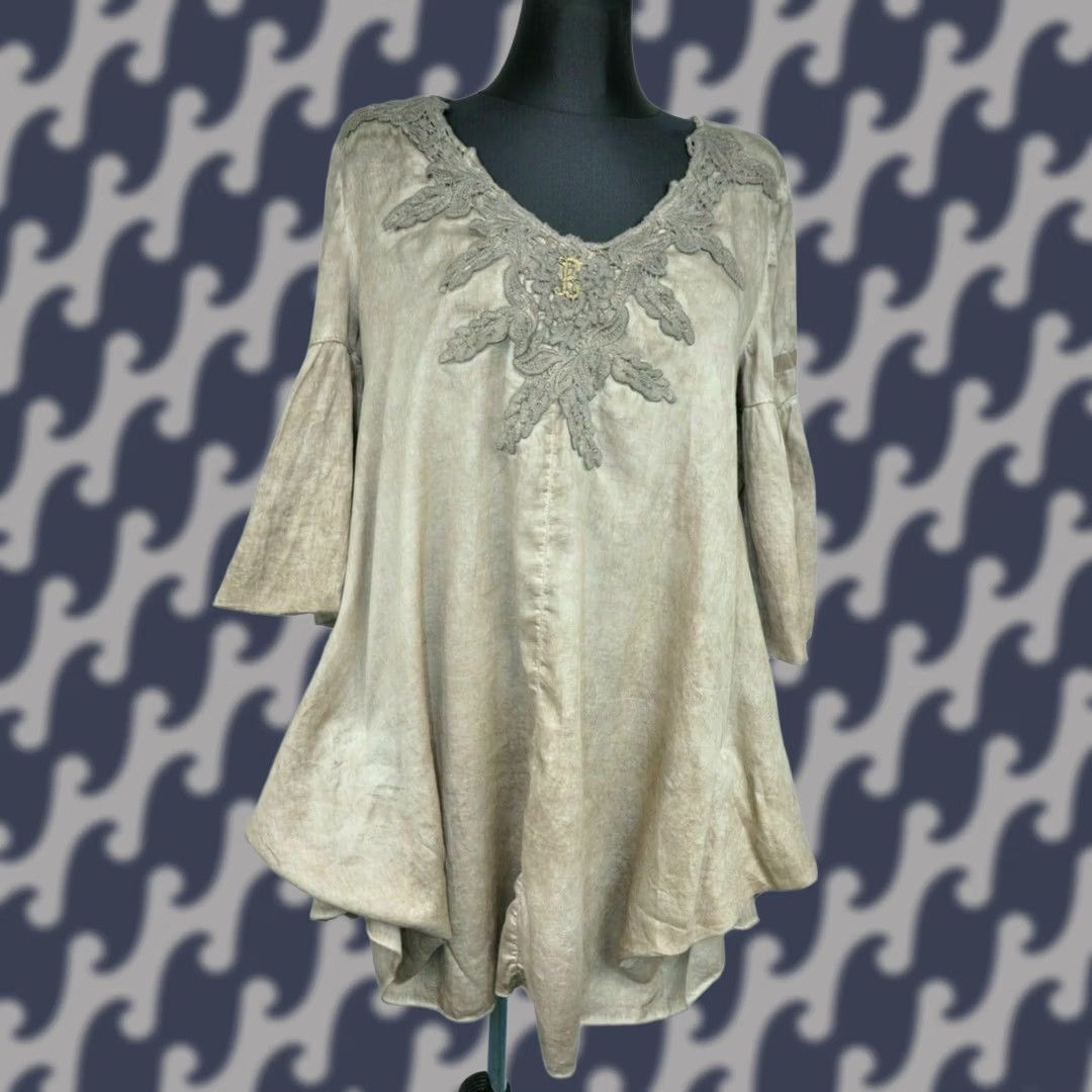 Vintage Elisa Cavaletti Dress L Women's Beige 100% Cotton Knee Length V-Neck 3/4 Sleeve A-Line Regular Vintage: No Size L / US 10 / IT 46 - 1 Thumbnail