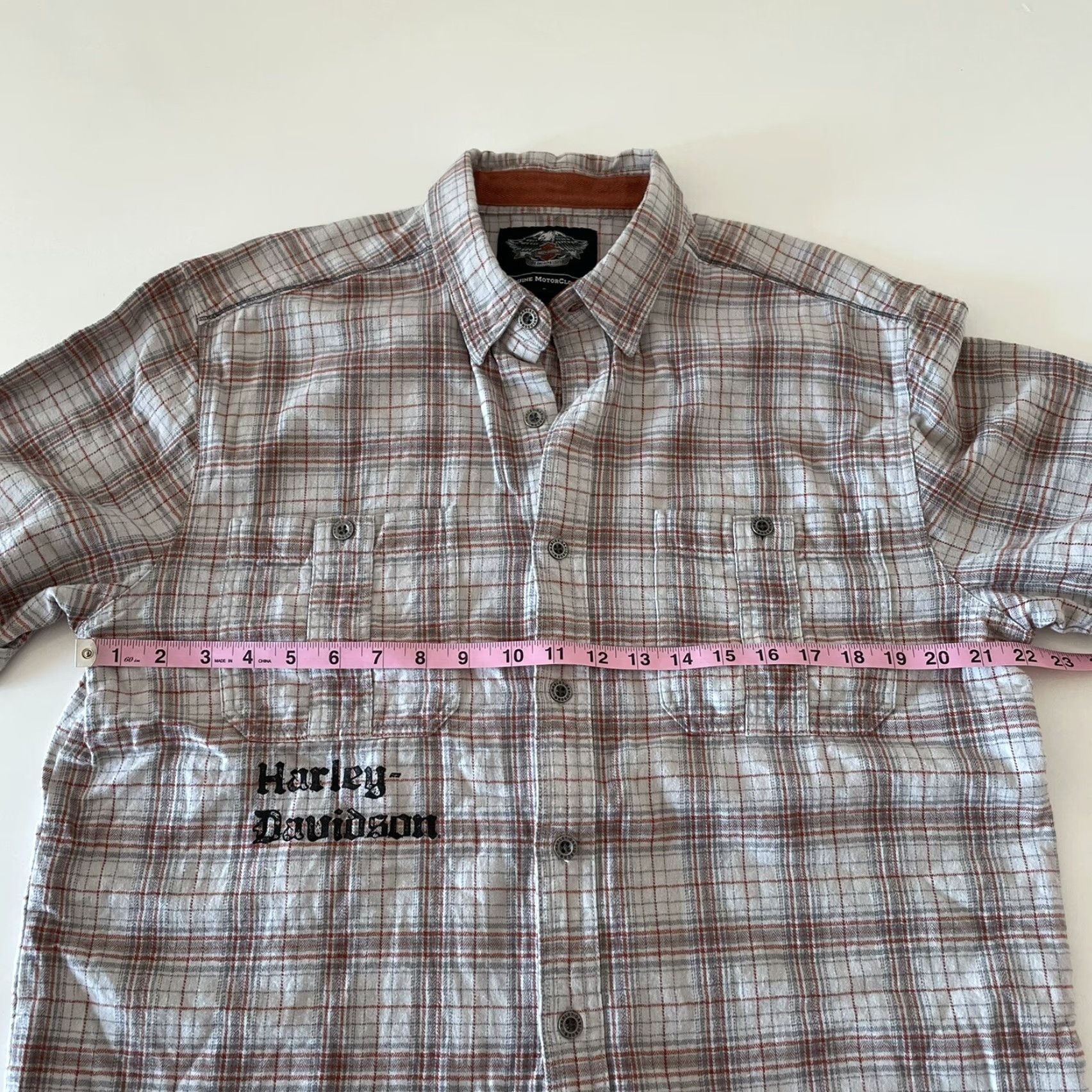 Harley Davidson Harley-Davidson Short Sleeve Plaid Flannel Button-Up Shirt Mens L Beige Gray Size US L / EU 52-54 / 3 - 4 Thumbnail