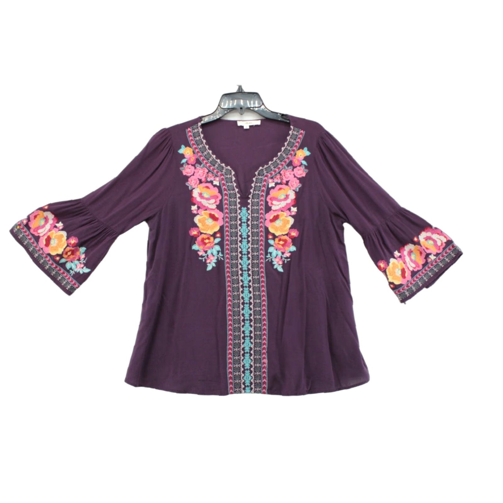 Vintage Andree By Unit Blouse Womens Large Purple Embroidered Boho Bell Sleeve Hippie Size L / US 10 / IT 46 - 1 Thumbnail