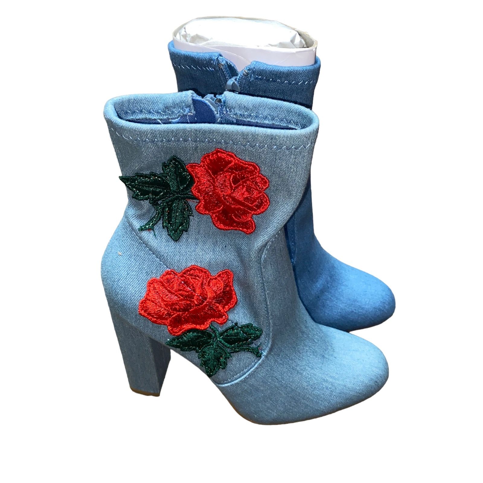 Other Bamboo Blue Denim Rose Flower Embroidered Ankle Booties 6 Size US 6 / IT 36 - 3 Thumbnail