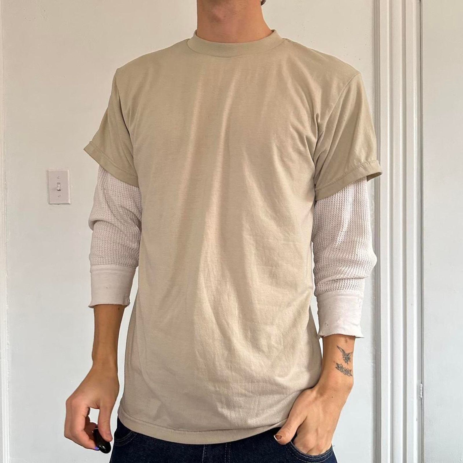 Vintage Perfect Vintage 90s Military Blank Tan Cream Basic Tee Shirt Size US M / EU 48-50 / 2 - 3 Thumbnail