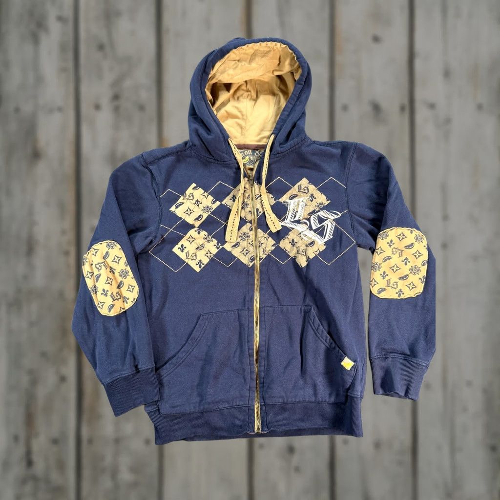 Vintage VINTAGE Limon & Sal Hoodie Mens S Navy Blue Tan Full Zip Argyle Elbow Patch Graphic Size US S / EU 44-46 / 1 - 1 Thumbnail