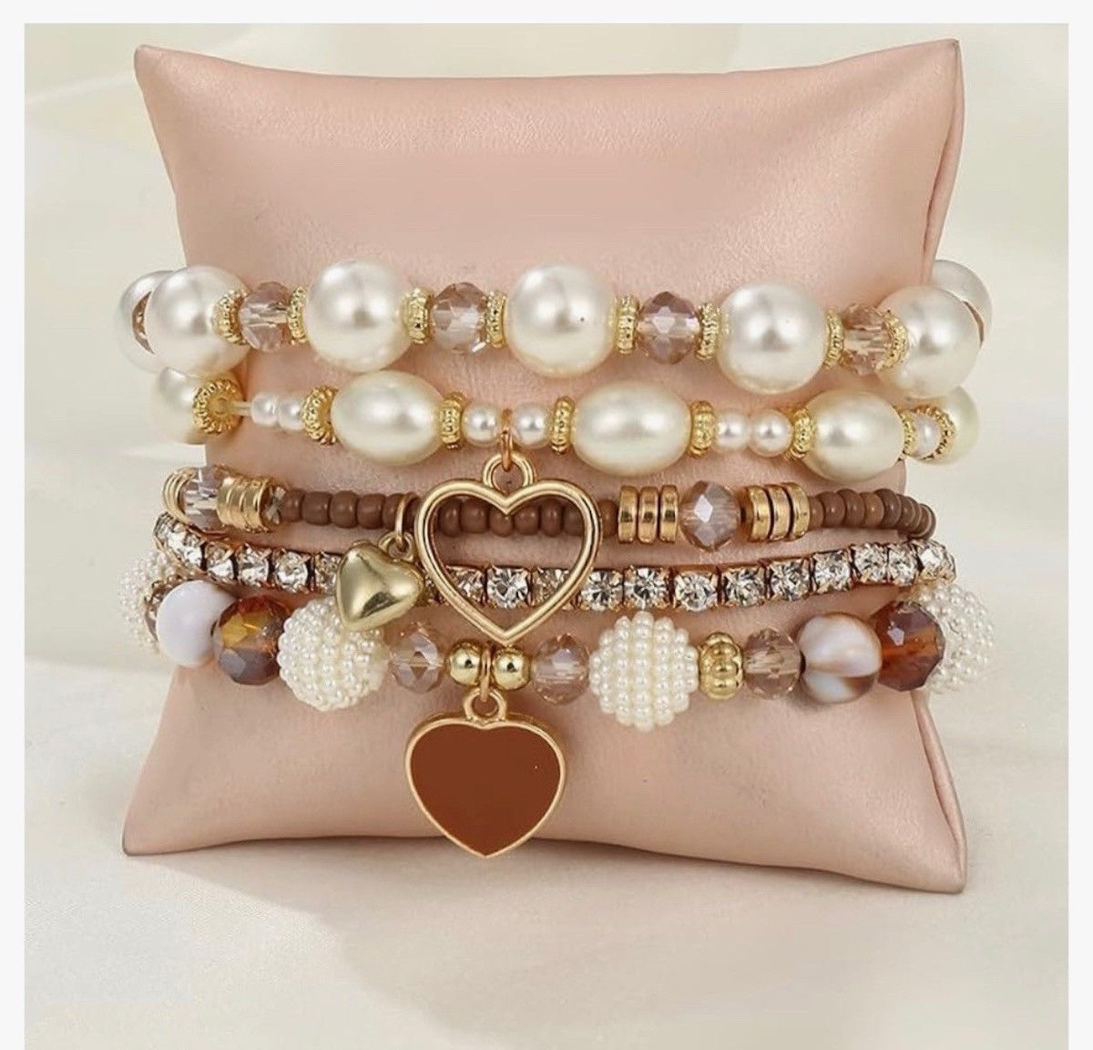 Other Boho Pearl & Crystal Heart Charm Bracelet Stack (5 Pieces) Size ONE SIZE - 1 Thumbnail