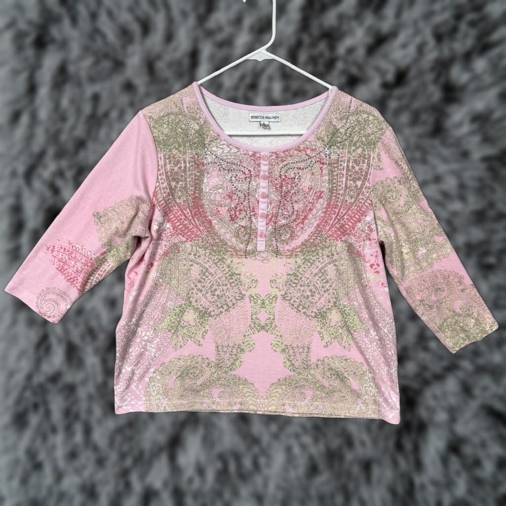 Pinko Rebecca Malone Top Womens L Pink Paisley Embellished Rhinestones Whimsigoth Boho Shirt 3/4 Sleeve Cotton Polyester Scoop Neck Pullover Casual Womens Size L / US 10 / IT 46 - 1 Thumbnail