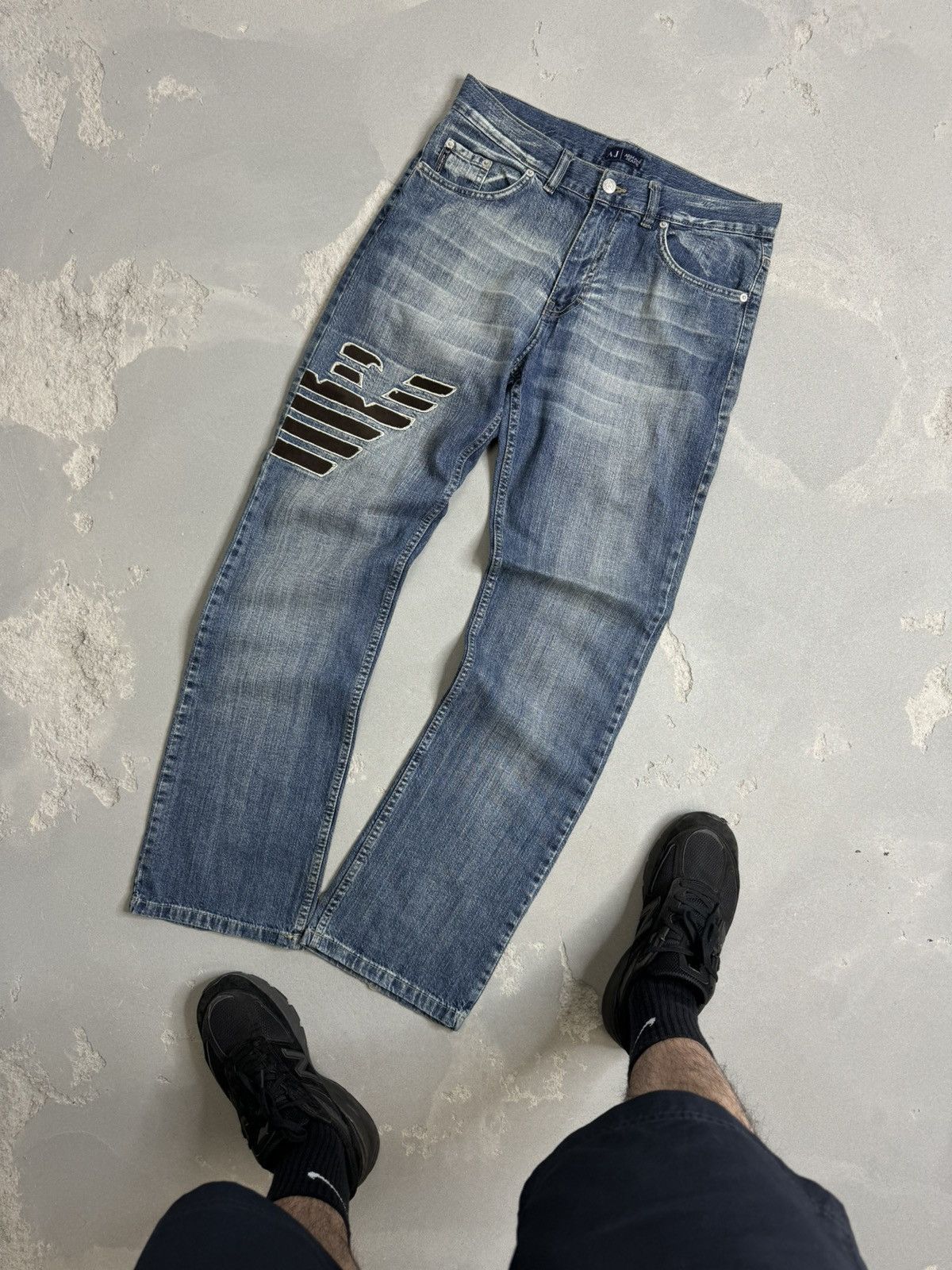 image of Giorgio Armani x Vintage Armani Big Logo Parachute Japanese Denim Pants Y2K Jeans in Blue (Size 30)