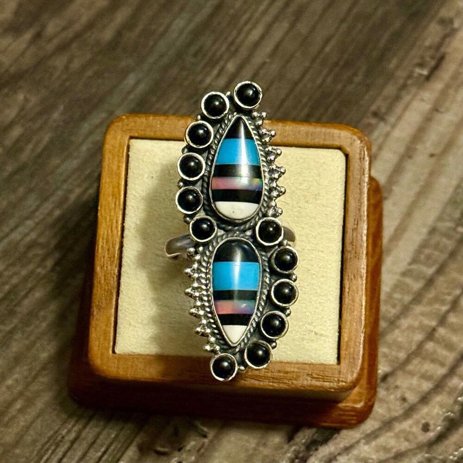 NBDN Nobrandedon Southwestern Aurora Opal & Onyx Sterling Silver Adj Ring Size ONE SIZE - 3 Thumbnail