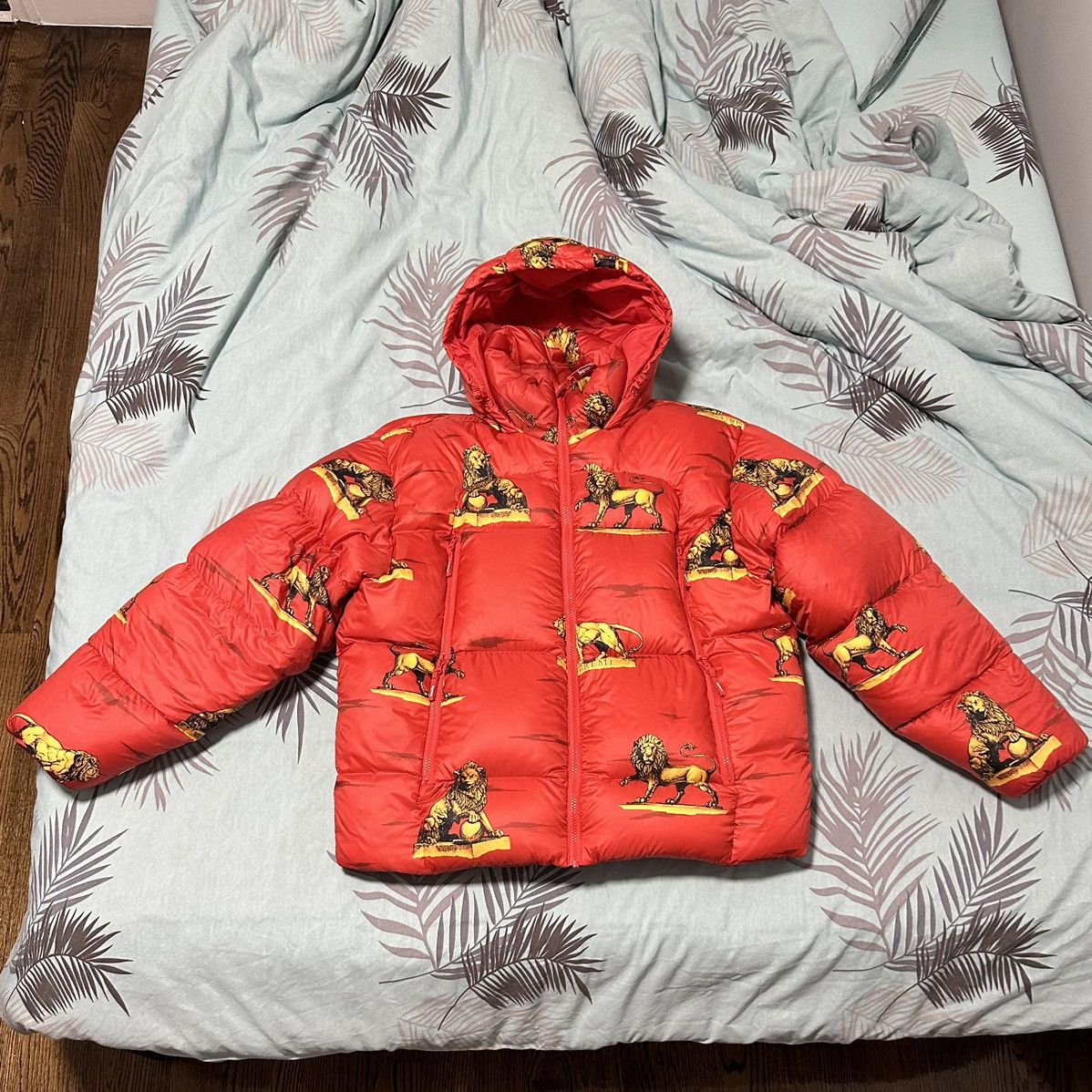 image of Supreme Featherweight Down Lions Puffer Jacket in Red, Men's (Size Medium)