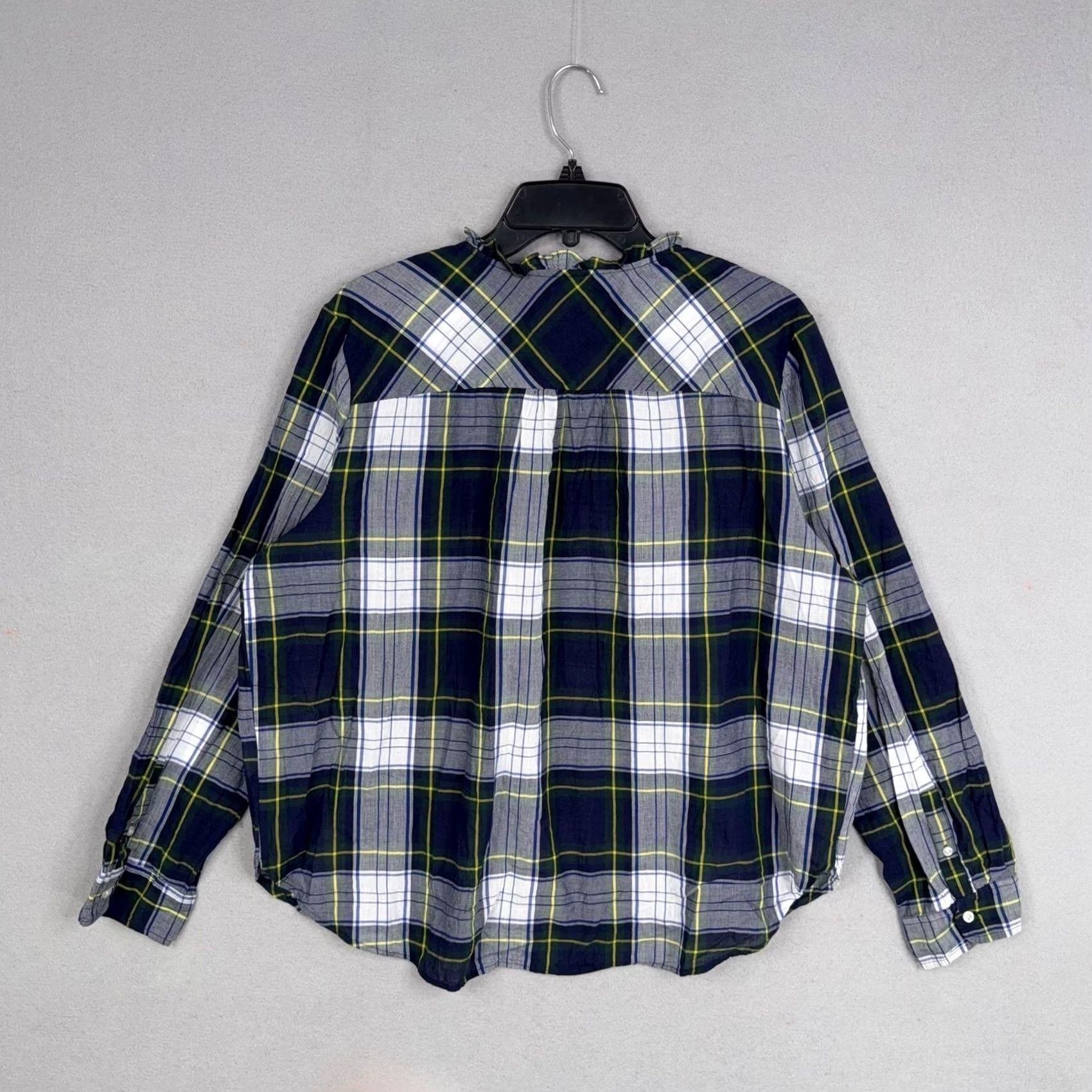 J.Crew J.Crew Shirt Womens 18 Blue Plaid Ruffle Neck Henley Long Sleeve Cotton Picnic Size XXL / US 16-18 / IT 52-54 - 7 Thumbnail