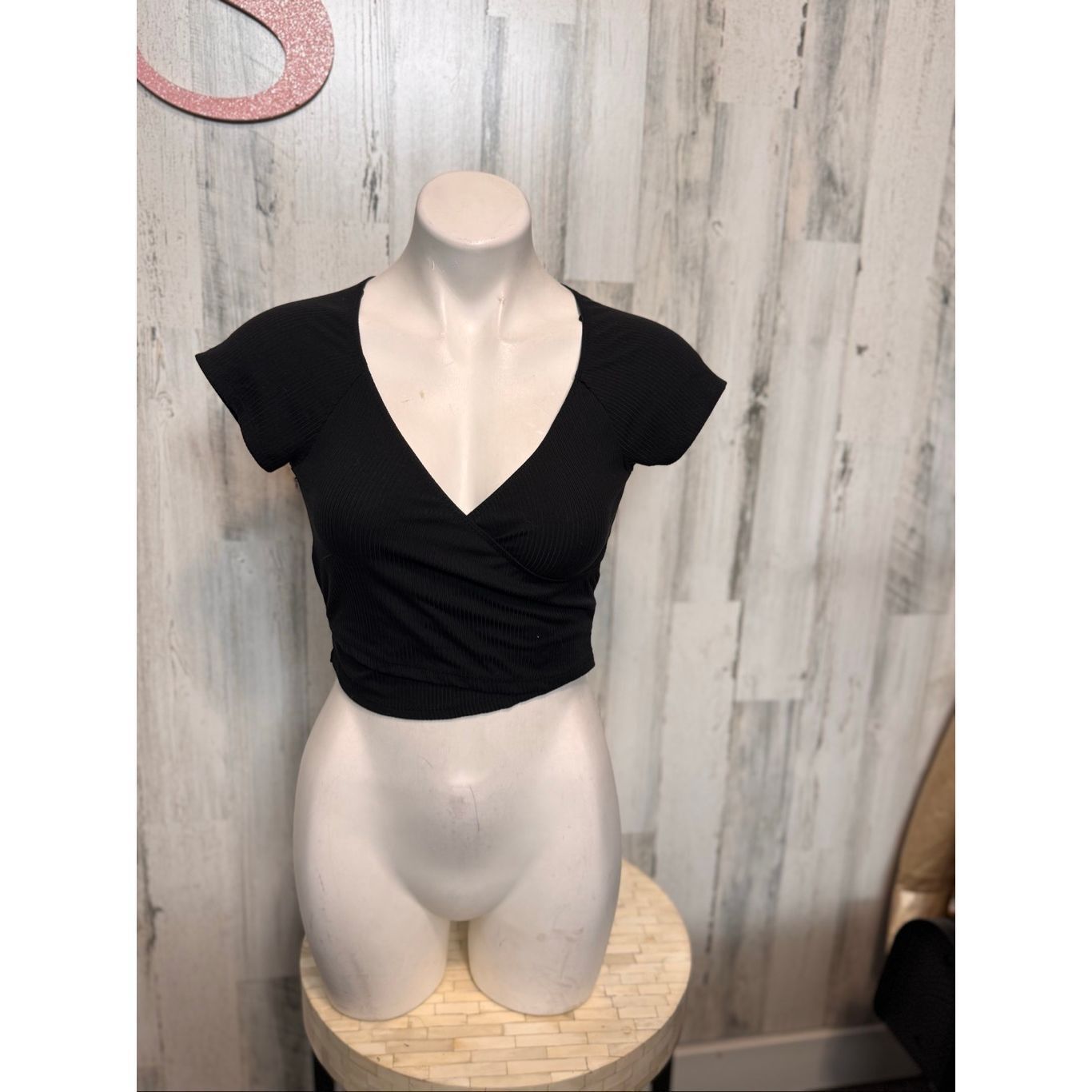 Other Pink Rose Black Ribbed Wrap Crop Top – Size S Size S / US 4 / IT 40 - 2 Thumbnail