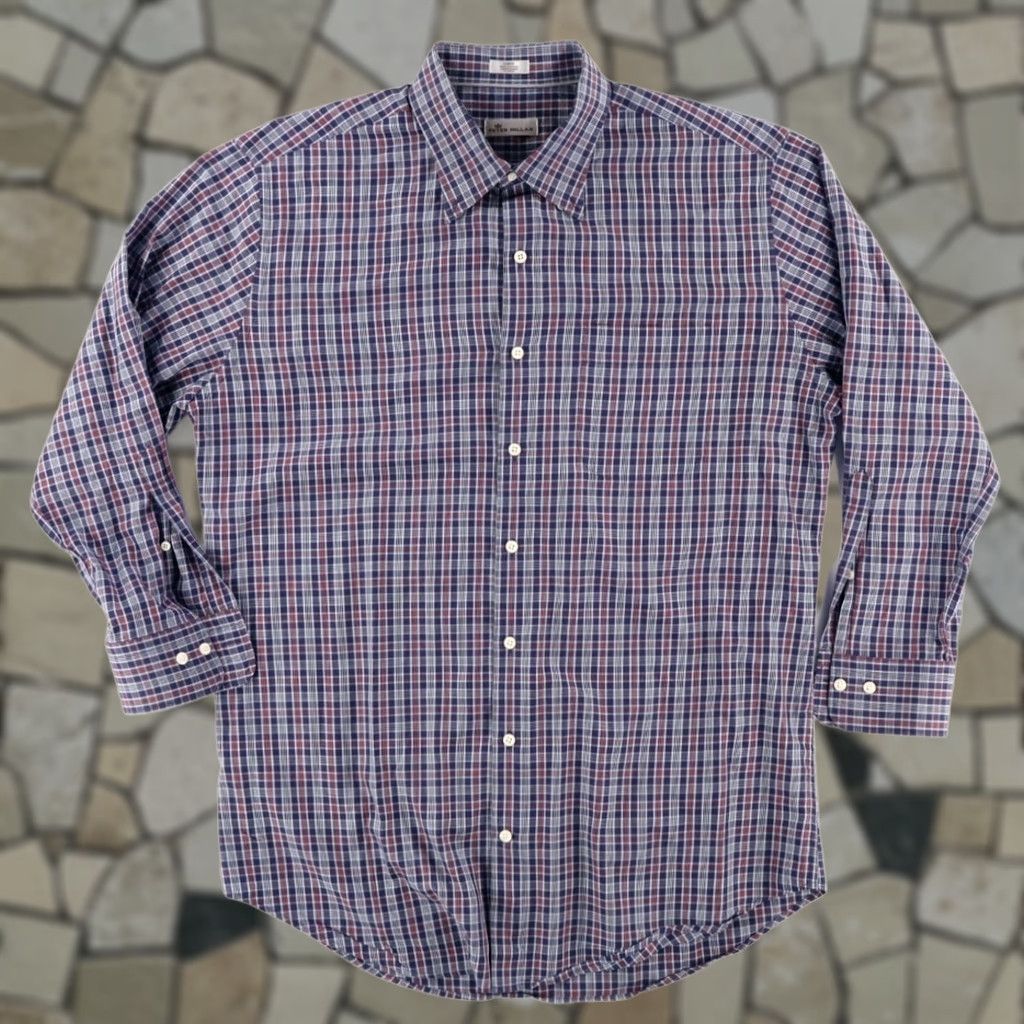 Peter Millar Peter Millar Dress Cotton Plaid Long Sleeve Button Up Shirt Navy Men's L Size 42R - 1 Thumbnail