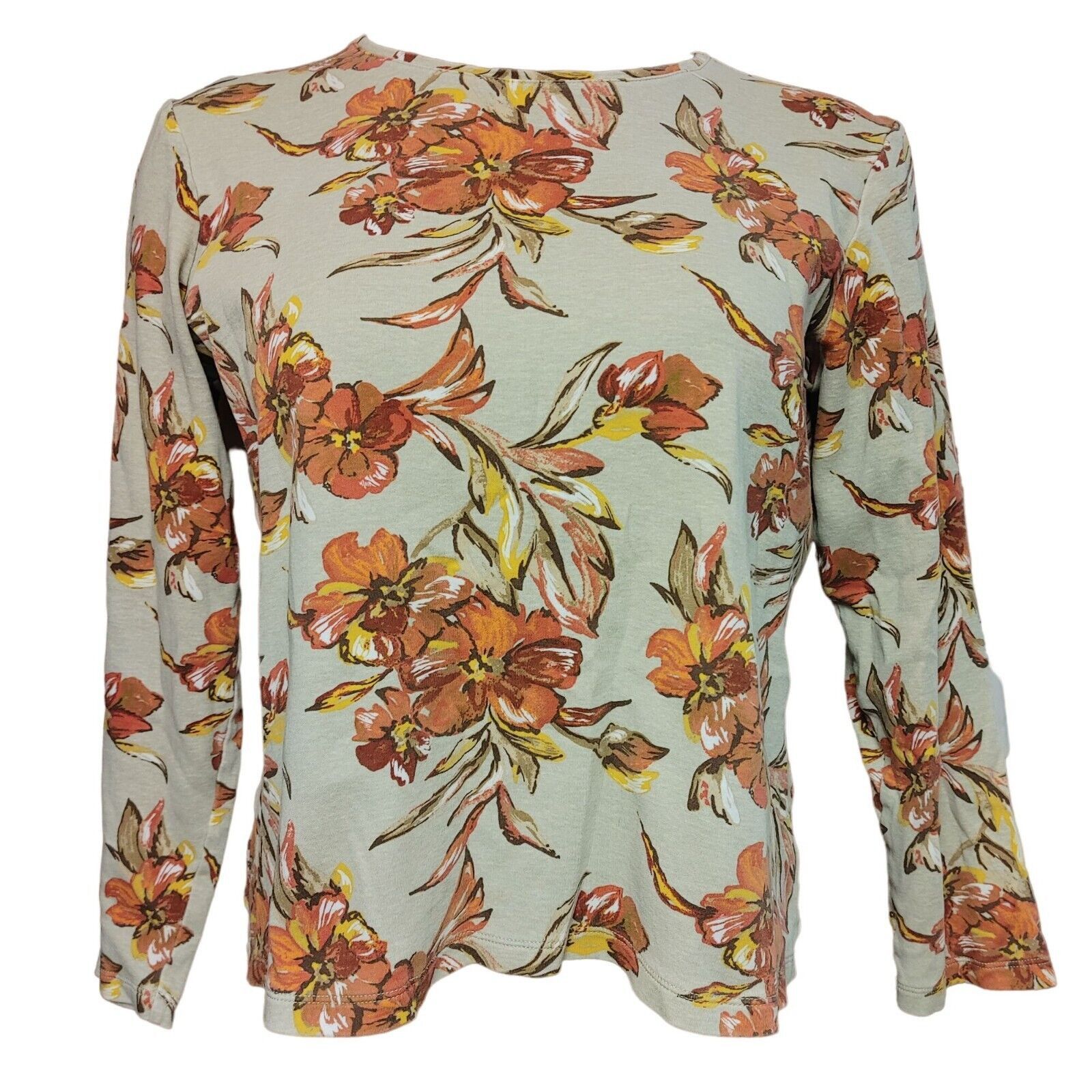Croft & Barrow Croft & Barrow Women's Beige/Orange Floral Long Sleeve Top L Size L / US 10 / IT 46 - 1 Thumbnail