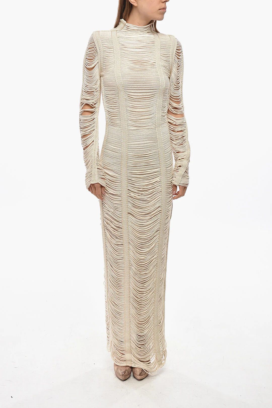 Balmain og1mm0326 Maxi Fitted Macramé Dress in Beige Size S / US 4 / IT 40 - 1 Thumbnail