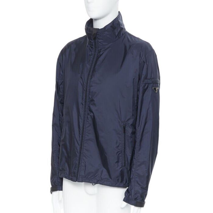 new PRADA Nylon teal blue rubber logo badge zip front light shell jacket  IT50