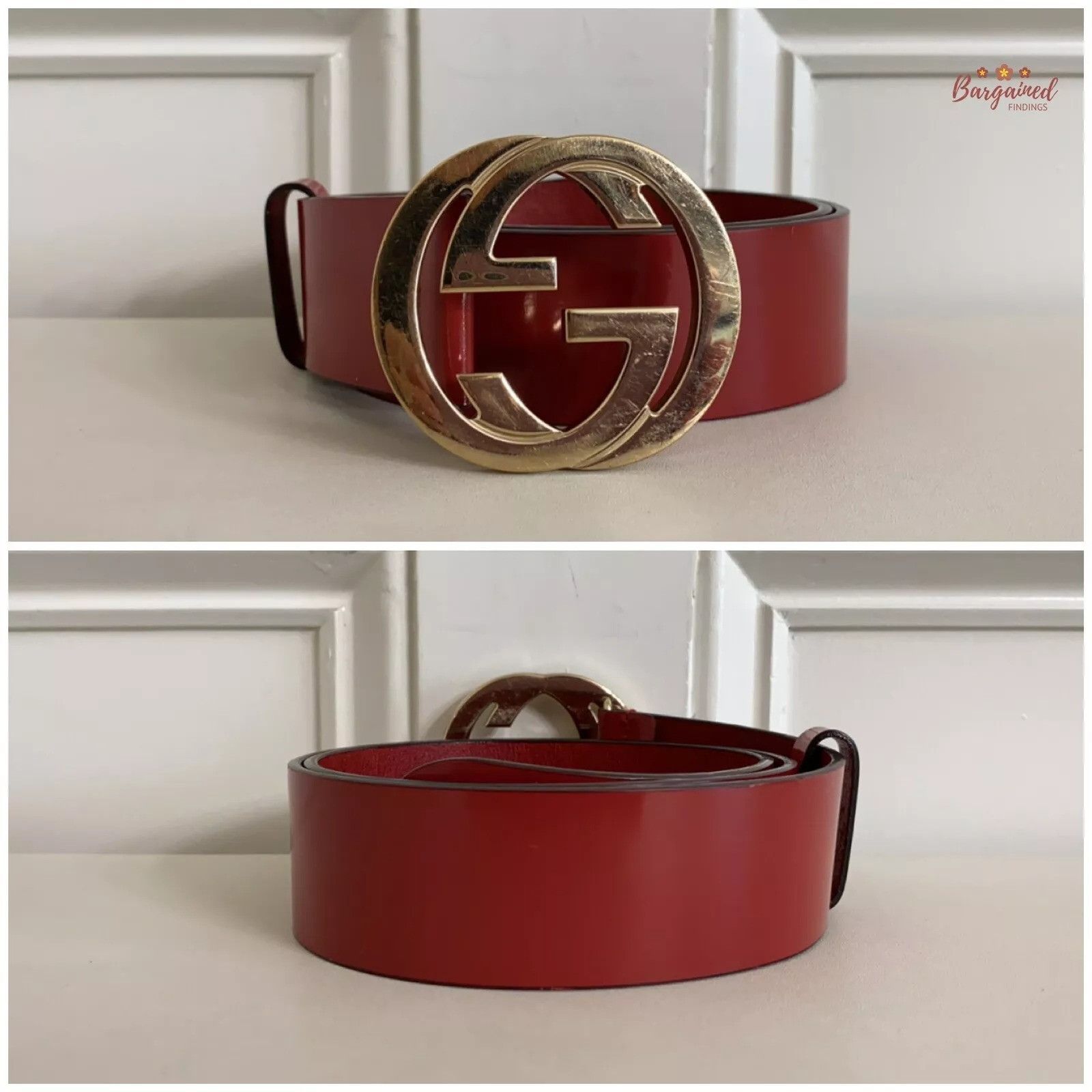 Gucci Gucci Red Coated Leather Gold Interlocking G Buckle Belt Size 30 - 11 Thumbnail