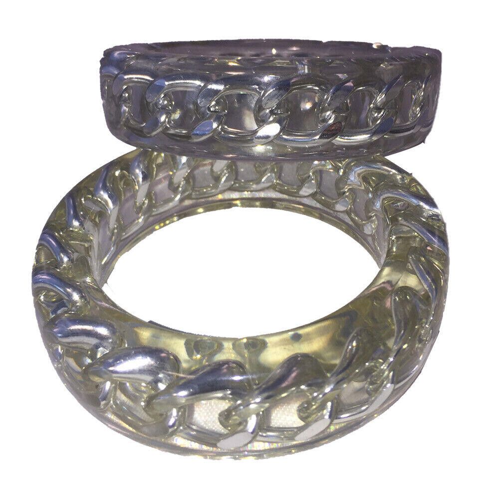Designer Lucite Bangles with Trapped Silver Tone Chain Pair of 2 Size ONE SIZE - 2 Thumbnail