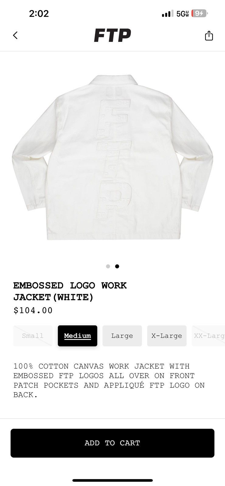 FTP embossed logo work jacket ワークジャケット　M Fuck The Population Embossed Logo Work Jacket ( white ) | Grailed