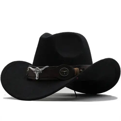 SKINNOSH Men Black Wool Chapeu Western Cowboy Hat Size ONE SIZE - 3 Thumbnail
