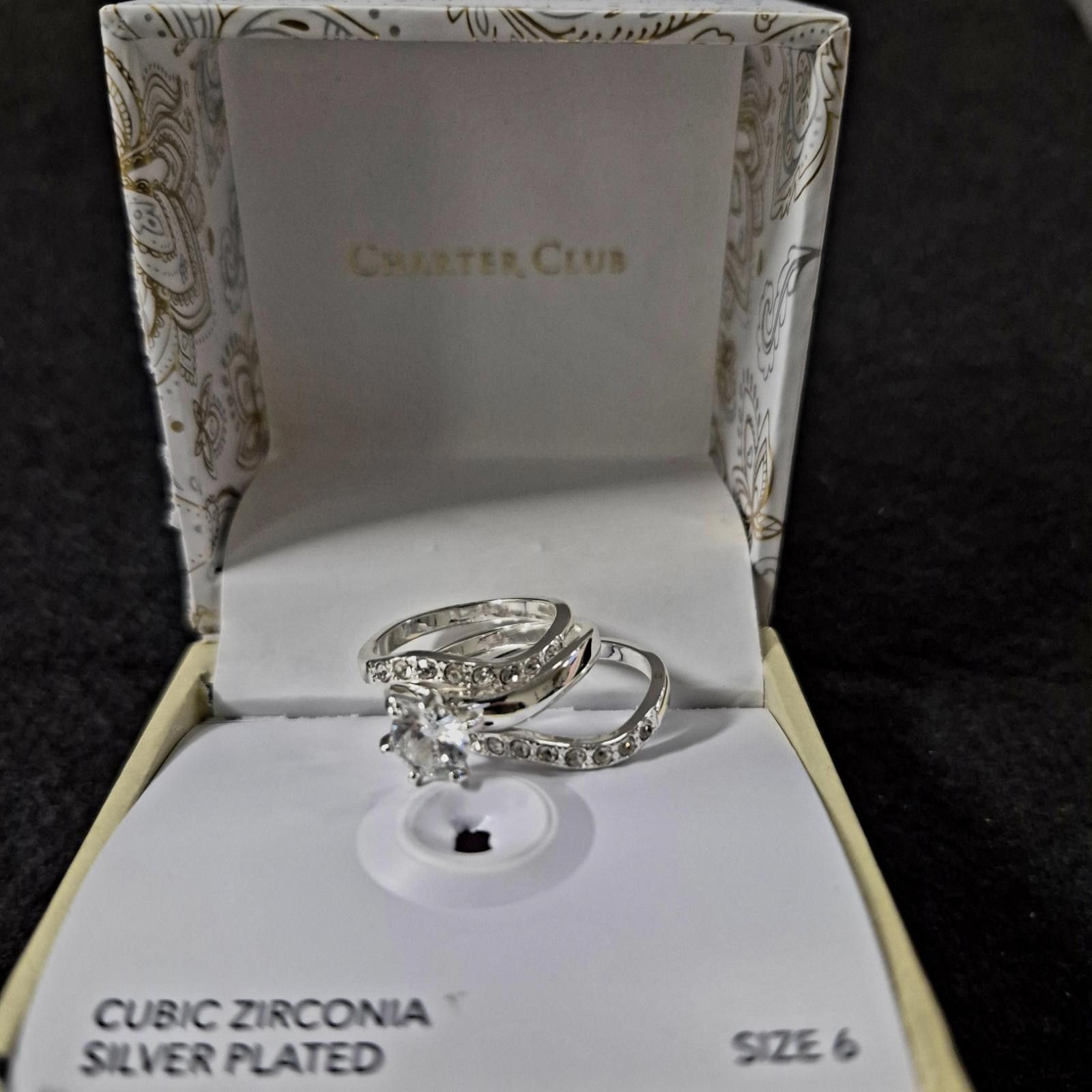 Charter Club Charter Club Fine Silver Plate Crystal Wavy Ring 3-piece Size ONE SIZE - 3 Thumbnail