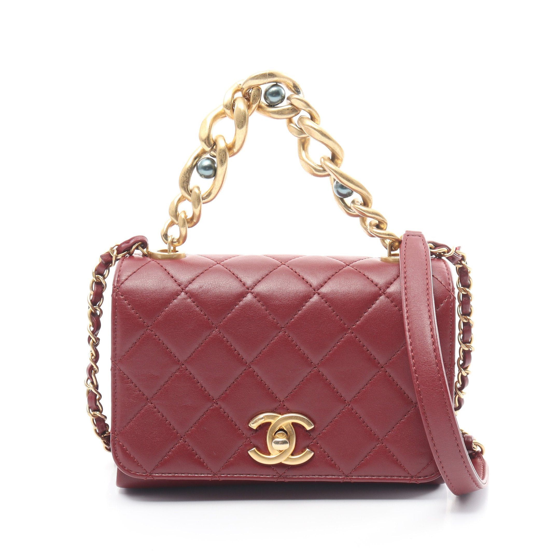 image of Chanel Mini Matelasse Chain Shoulder Bag Lambskin Bordeaux Gold Hardware 2Way, Women's