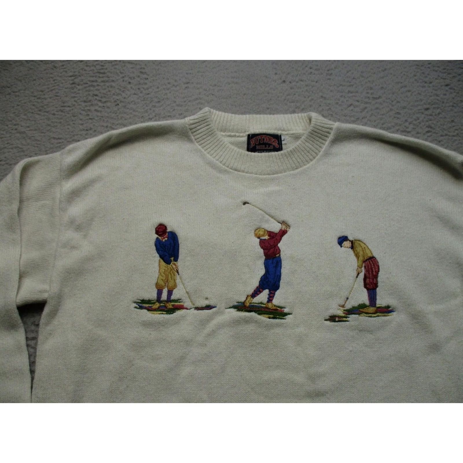 Nutmeg VINTAGE Nutmeg Mills Sweater Mens L White Golf Graphic Knit Made USA 90s Size US L / EU 52-54 / 3 - 2 Thumbnail