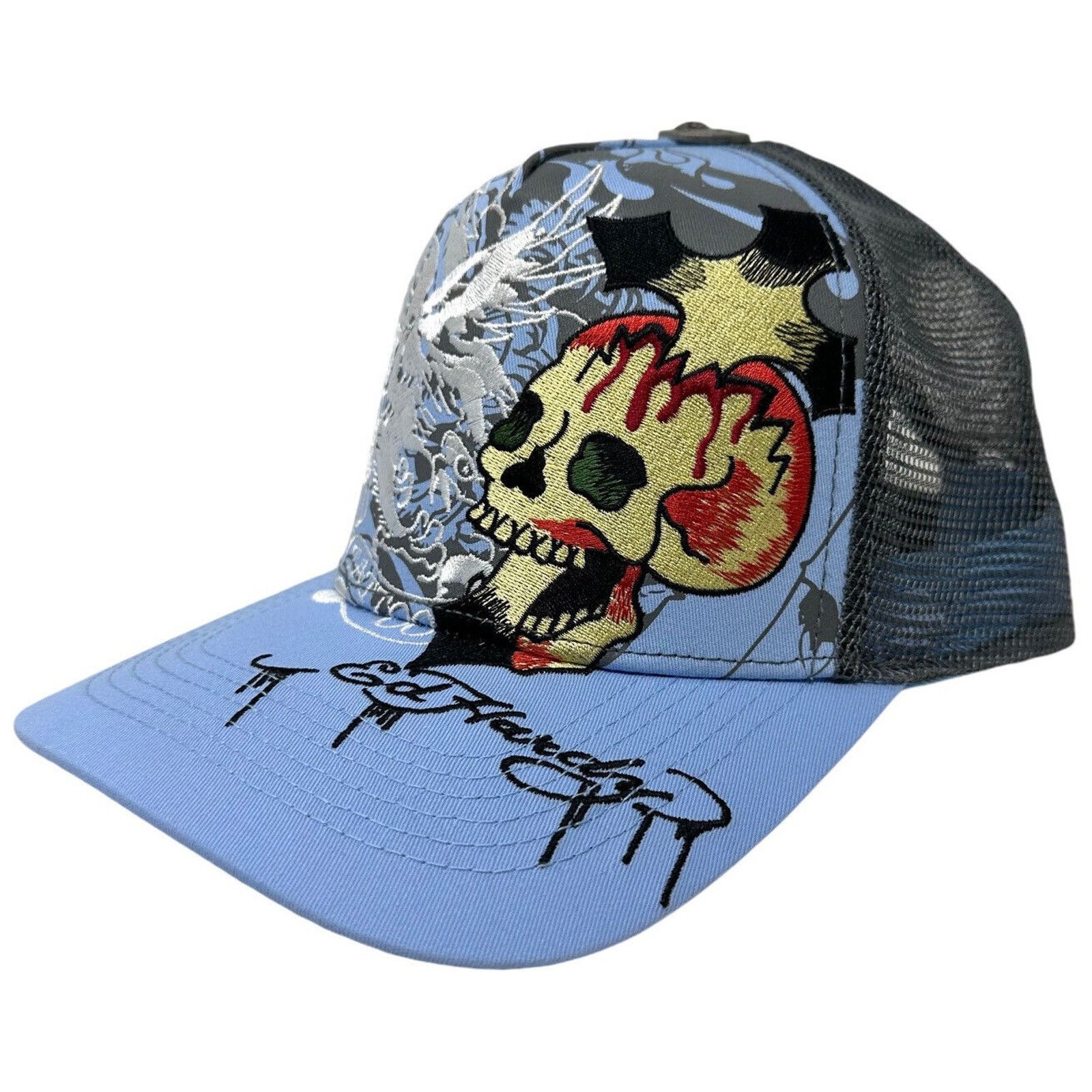 Ed Hardy Ed Hardy Trucker Hat Embroidered Tattoo Eagle Skull Blue Cap Size ONE SIZE - 2 Thumbnail