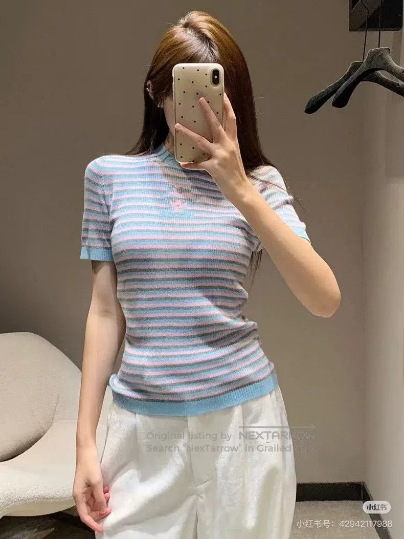 Chanel Chanel 25B pink blue striped cashmere short sleeves Size XS / US 0-2 / IT 36-38 - 9 Thumbnail