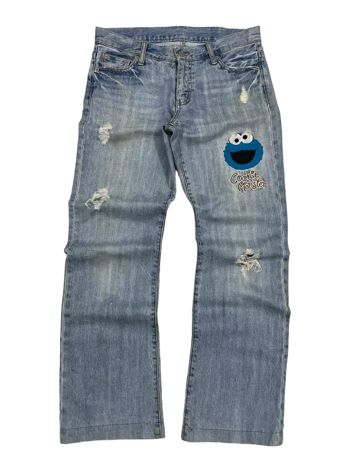 Cartoon Network Y2K Denim Cookie Monster Embroidery Distressed Rappers Jeans Size US 32 / EU 48 - 5 Thumbnail