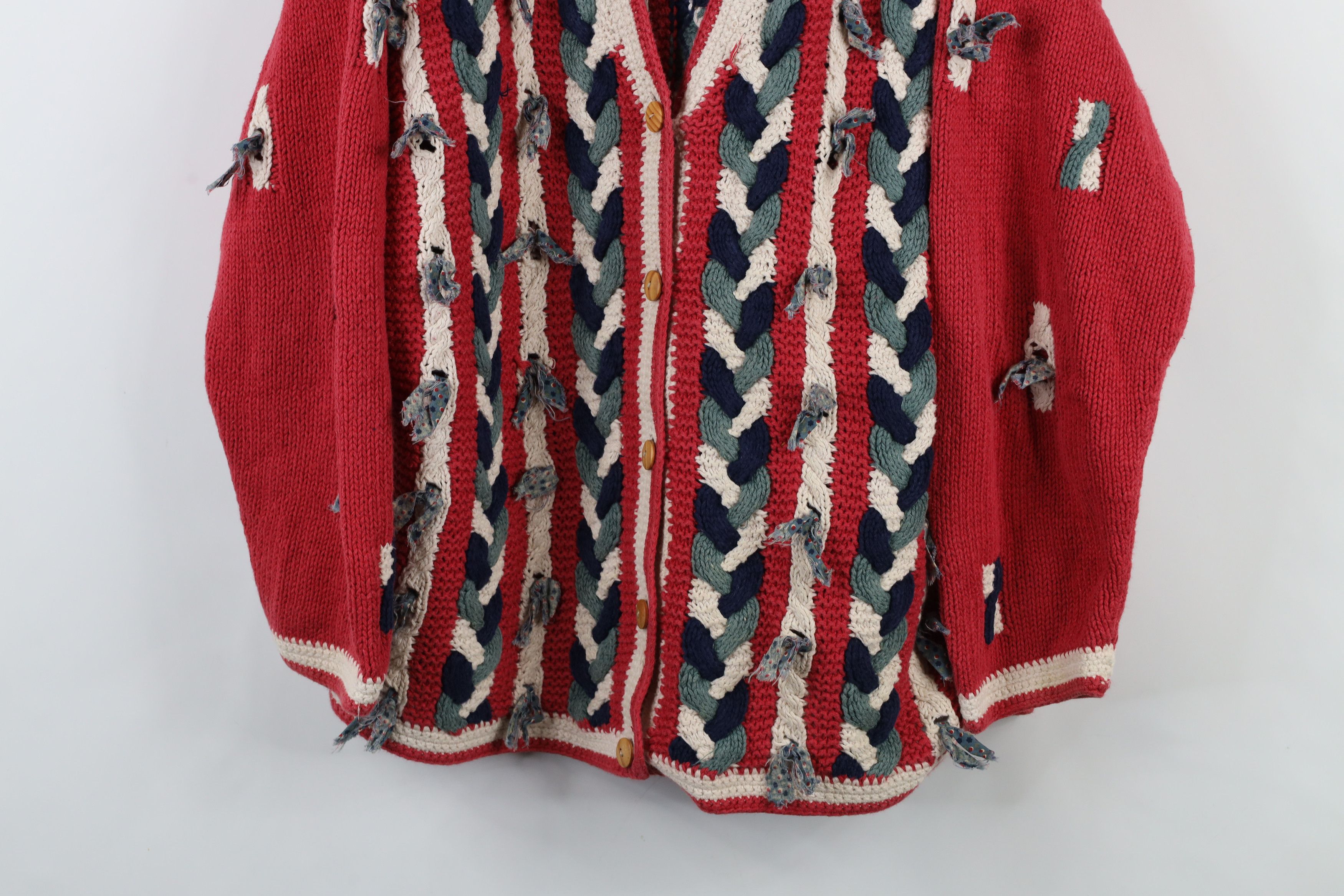 Vintage Vintage 90s Quilt Strip Fringed Chunky Knit Cardigan Sweater Size XL / US 12-14 / IT 48-50 - 3 Thumbnail