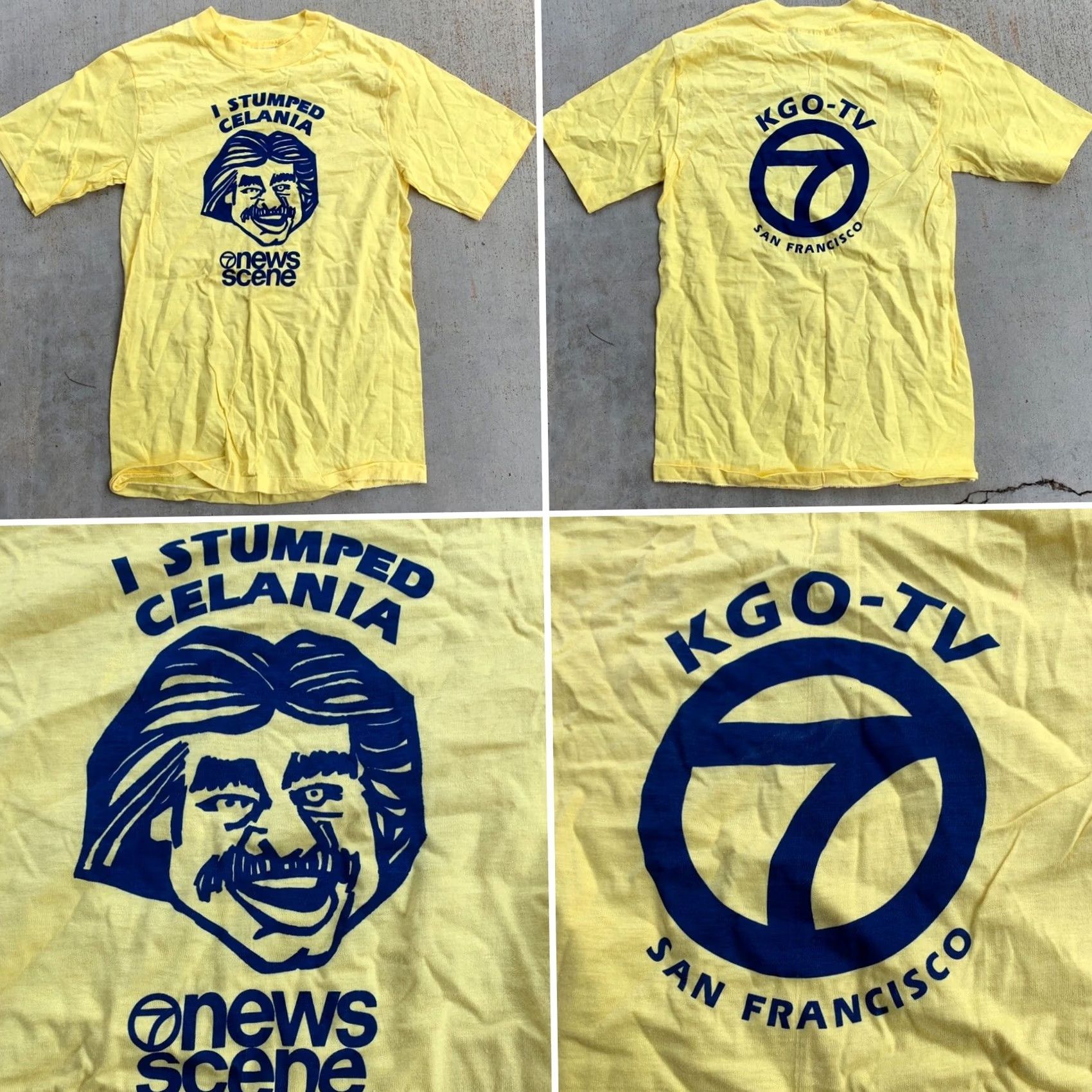 Hanes VINTAGE Hanes KGO-TV 7 San Francisco T-Shirt I Stumped Celania 7 News Scene 70s 80s Yellow Graphic Tee Mens S 34-36 100% Cotton USA 1970s Size US S / EU 44-46 / 1 - 6 Thumbnail