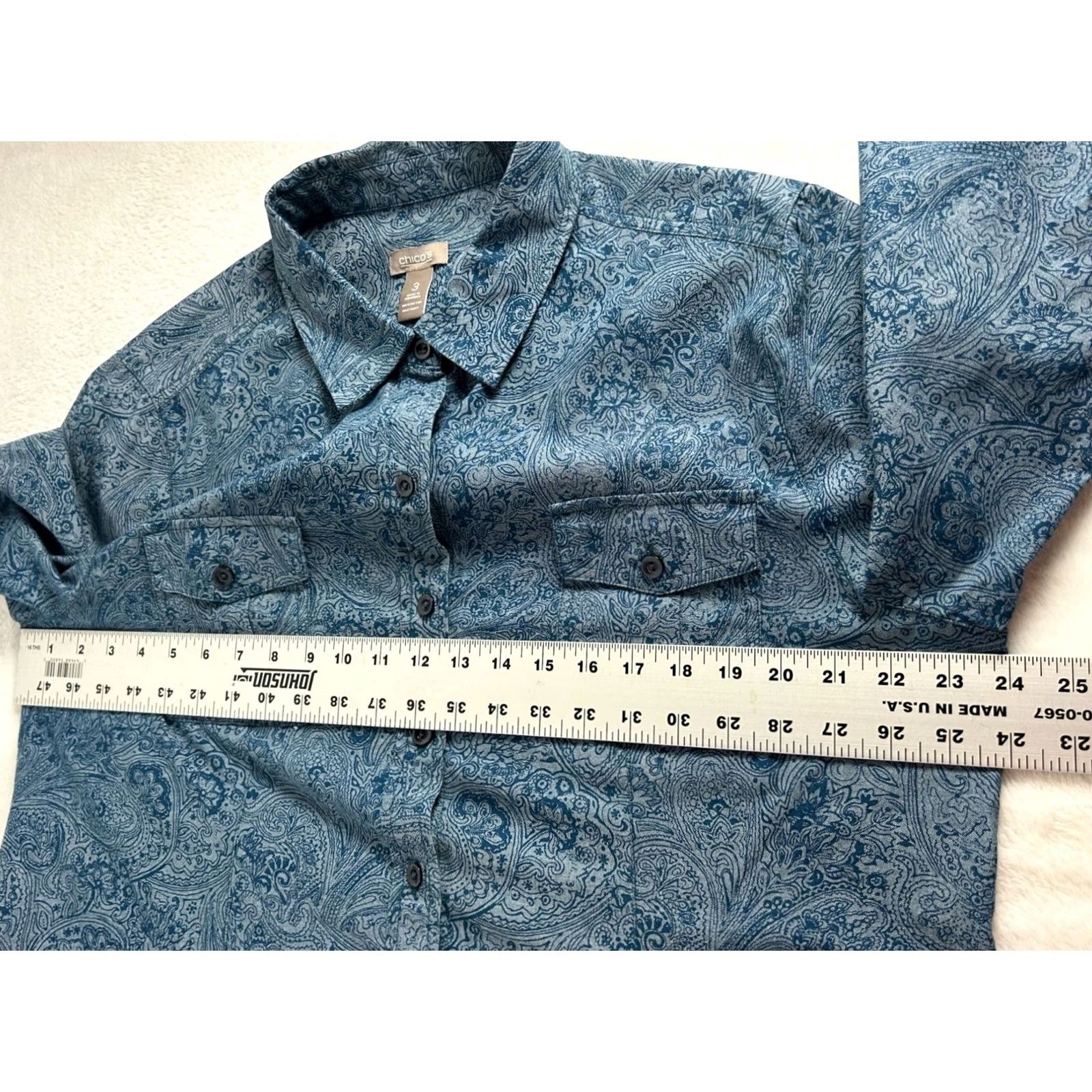 Vintage Chico's Womens Blue Paisley Button-Up Shirt Size 3 Cotton 3/4 Sleeve Casual Top Size XS / US 0-2 / IT 36-38 - 7 Thumbnail