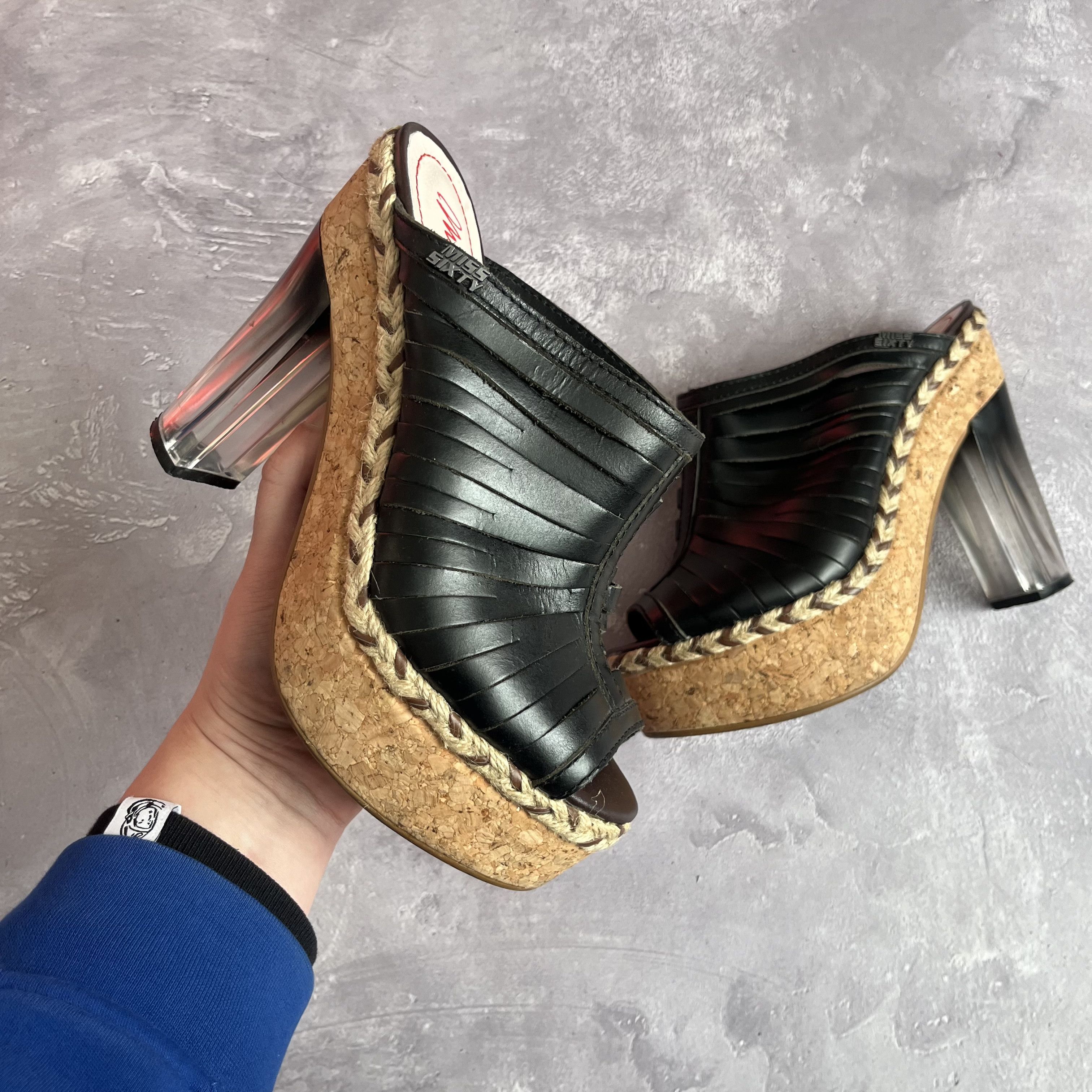 Miss Sixty Miss Sixty Mule Heels Cork Platform Heel Black Leather Y2K Size US 9 / IT 39 - 2 Thumbnail